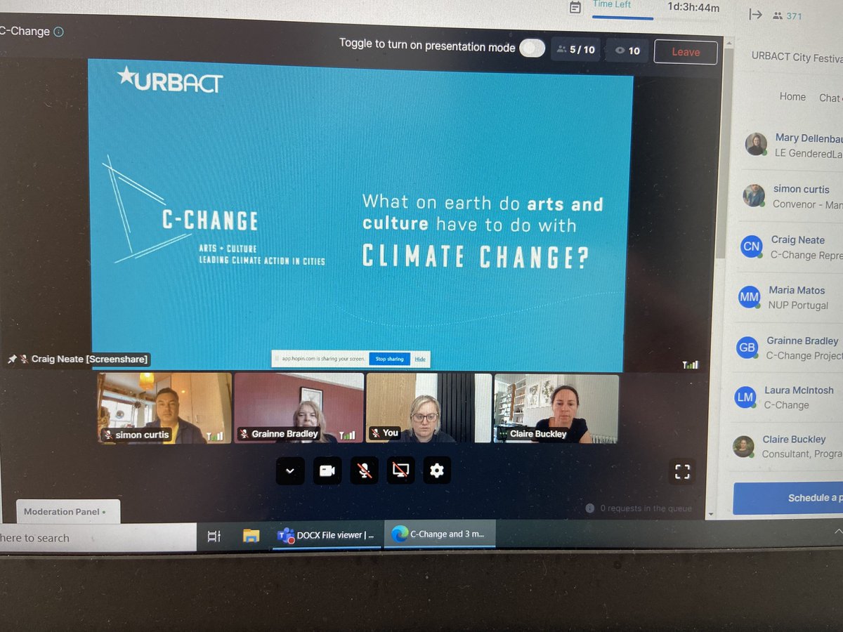Sharing our success story at the <a href="/urbact_uk/">URBACT UK</a> city festival #climatechange #racetozero #artsandculture <a href="/eire_claire/">Claire Buckley</a> @simoncurtis73 there's still time to visit our expo stand - app.hopin.com/events/2021-ur…