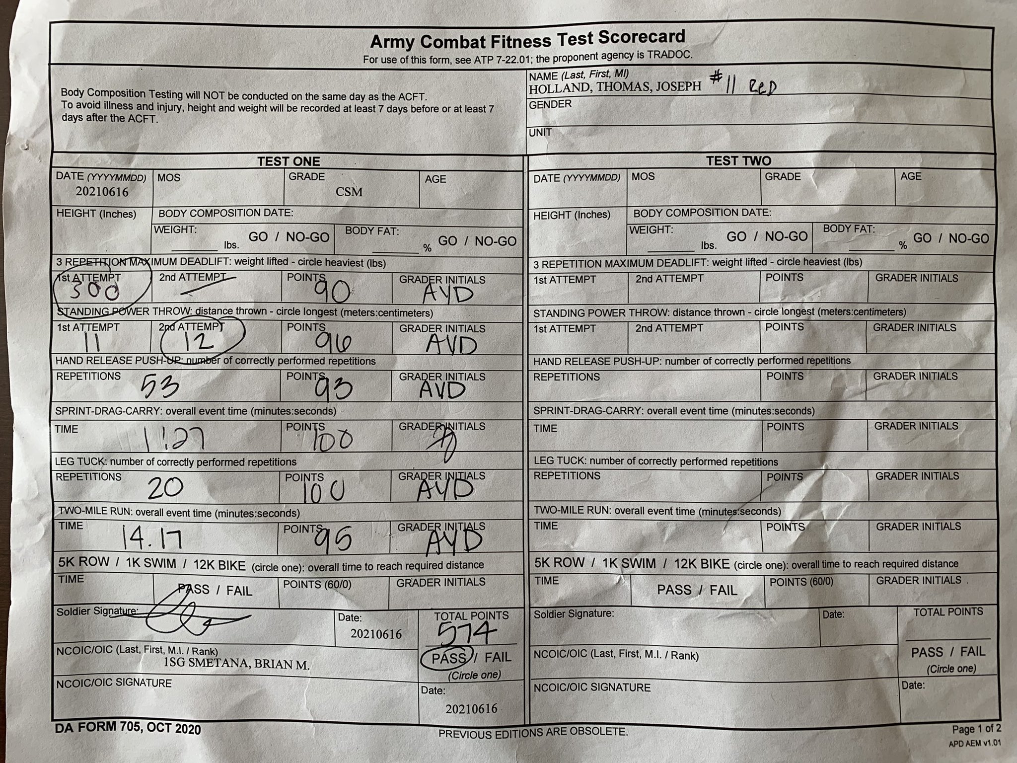 New army acft scorecard 2023 da form 705 57 off