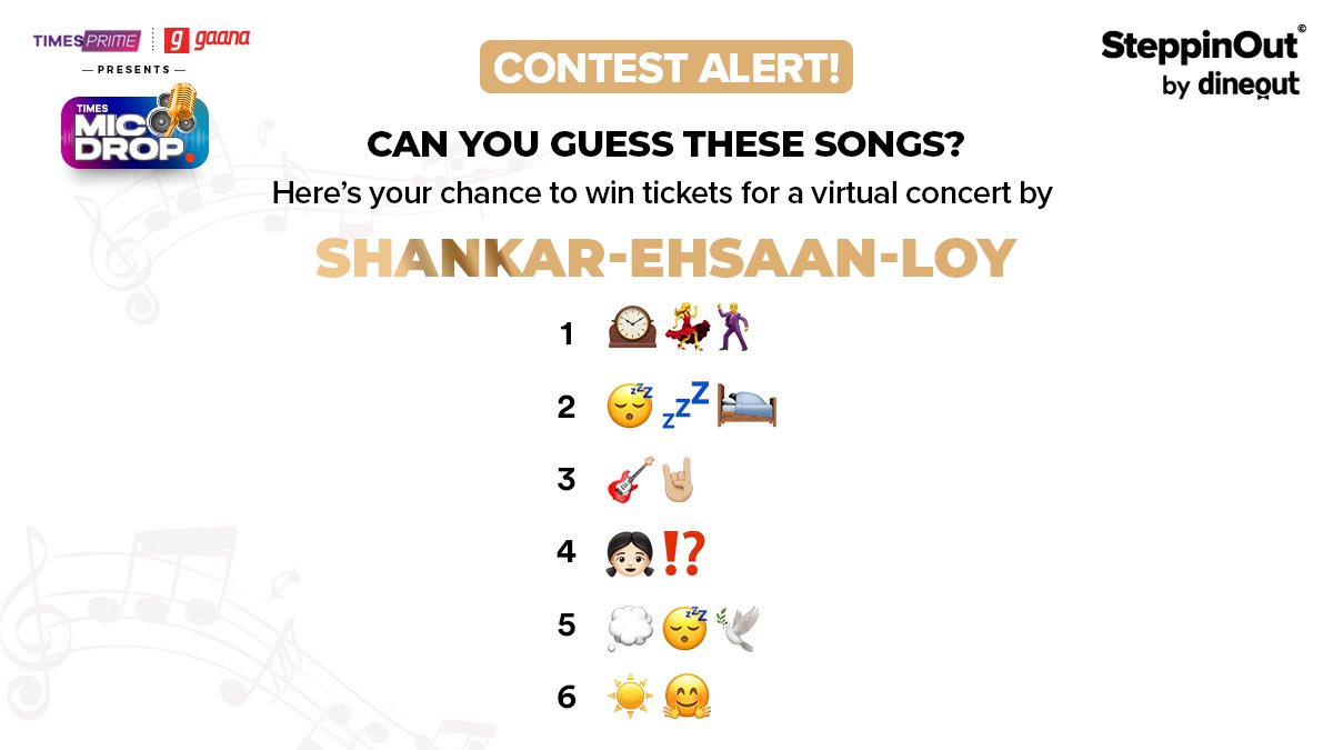 #ContestAlert Participate and win tickets to the Shankar-Ehsaan-Loy virtual concert and a complimentary Times Prime membership.

Guess the name of the songs by decoding the emojis and tell us below. Hint: All the songs are by Shankar-Ehsan-Loy. 

Contest ends on 26th of June.