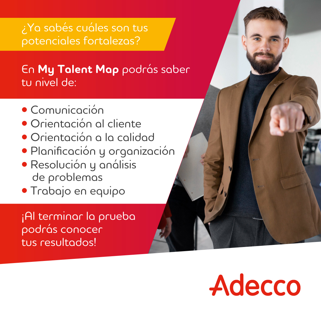 adeccoAR's tweet photo. ¿Sabías que a partir de ahora #Adecco te permite hacer tu test profesional y obtener gratuitamente un informe sobre tus principales competencias y fortalezas?

#MyTalentMap #pensandoenvos #futurodeltrabajo https://t.co/Y6xIV4JOgP