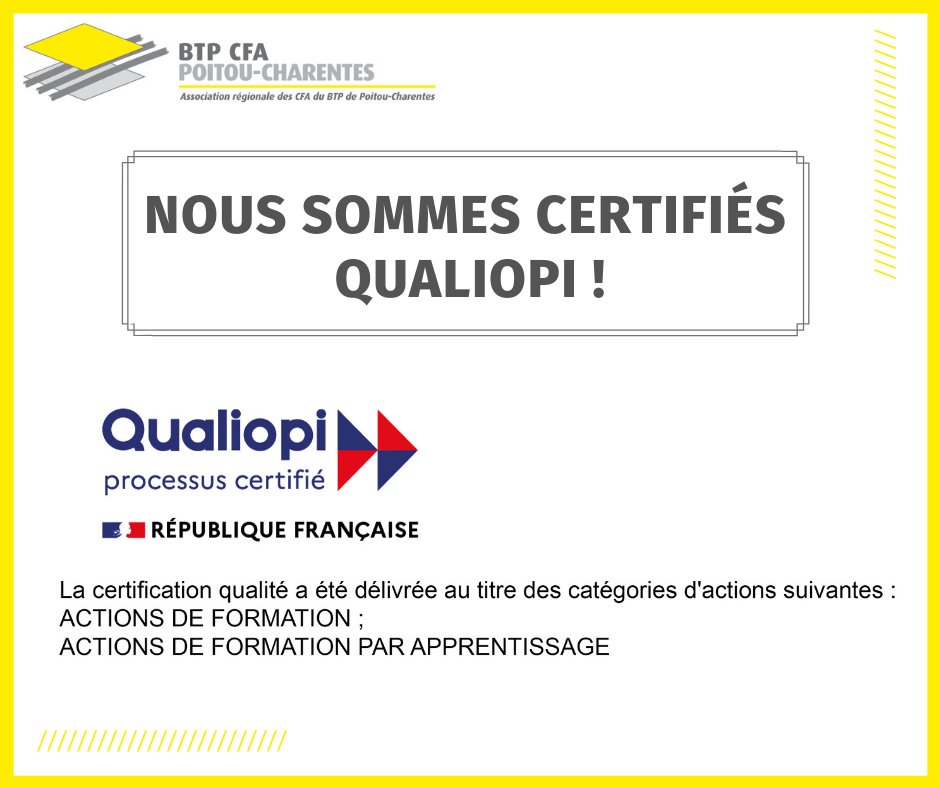 BTP CFA Poitou-Charentes est certifié Qualiopi ! 😀
C’est avec grand plaisir que nous vous informons de l’obtention, le 18 mai 2021, de la certification QUALIOPI pour les catégories d’actions suivantes :
- actions de formation continue ; 
- actions de formation par apprentissage.