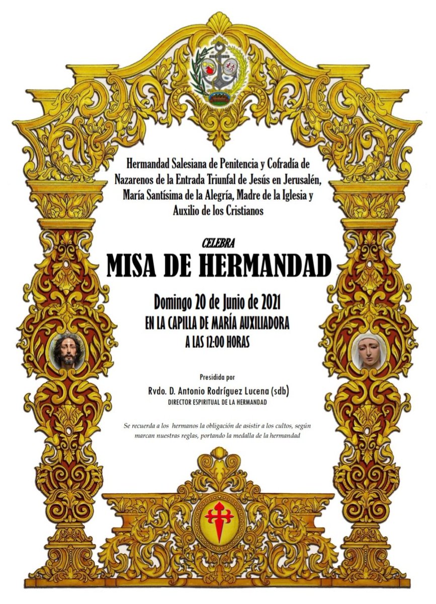 MISA DE HERMANDAD 

Informamos a todos nuestros hermanos que el próximo Domingo 20 de Junio celebraremos nuestra Misa de Hermandad, será a las 12:00 en la Capilla de María Auxiliadora. 

Esperamos poder disfrutar de la Eucaristía con tu presencia!🐴🌴