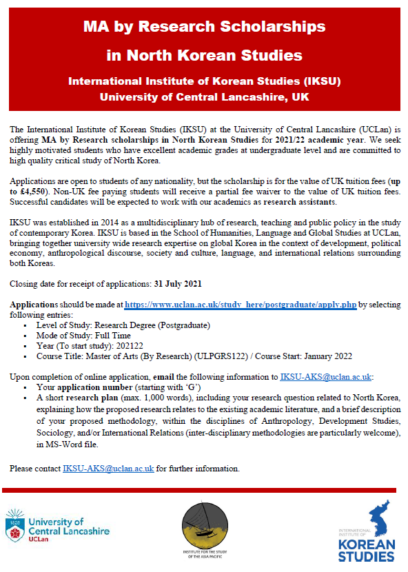 fugabach's tweet photo. MA by Research in North Korean Studies Scholarship

Tuition waive: GBP 4,550
Deadline: 31 July 2021
Apply: https://t.co/6BKpRYPb7L
Research Plan: IKSU-AKS@uclan.ac.uk

More details as below.

#scholarship #NorthKorea #MA #postgraduate #research

@ISAPUclan https://t.co/t5orItYC3q