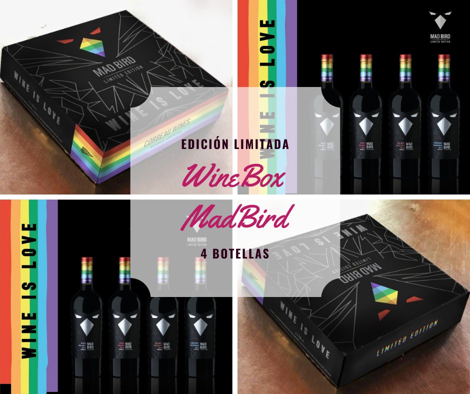 WineBoxLP's tweet photo. En WineBox ya tenemos este estuche con 4 deliciosos vinos #MadBird de @CorbeauWines. Con esta edición limitada, la bodega colabora con el programa «Estamos juntes» que implementa la Asoc. Ciclo Positivo para jóvenes LGBTIQ+ de hasta 21 años. #WineIsLove https://t.co/NznbzX5yhZ https://t.co/vLndiDn9cW