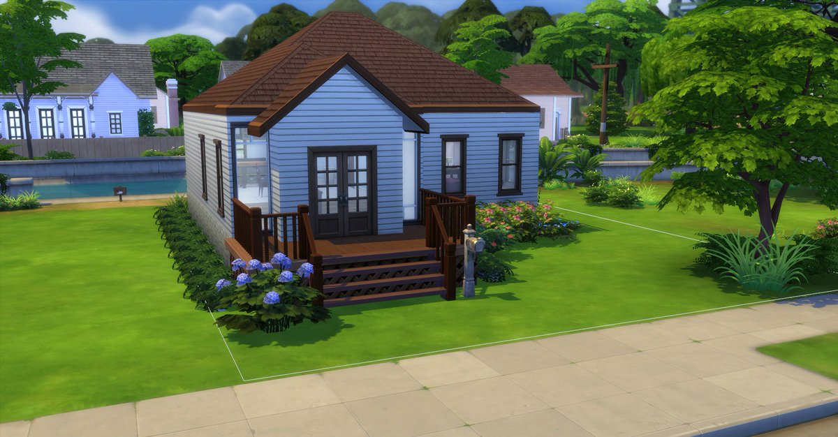 BuildsVixen's tweet photo. So yesterday when @lizzyaustensl was going through my gallery things, she helped me realize that I have NEVER made a base game-only home...so I did. All the landscaping is from debug. It's not much, but it's efficient. #TheSims #TheSims4 #SimsBaseGame #ShowUsYourBuilds https://t.co/PszFDVBSLO