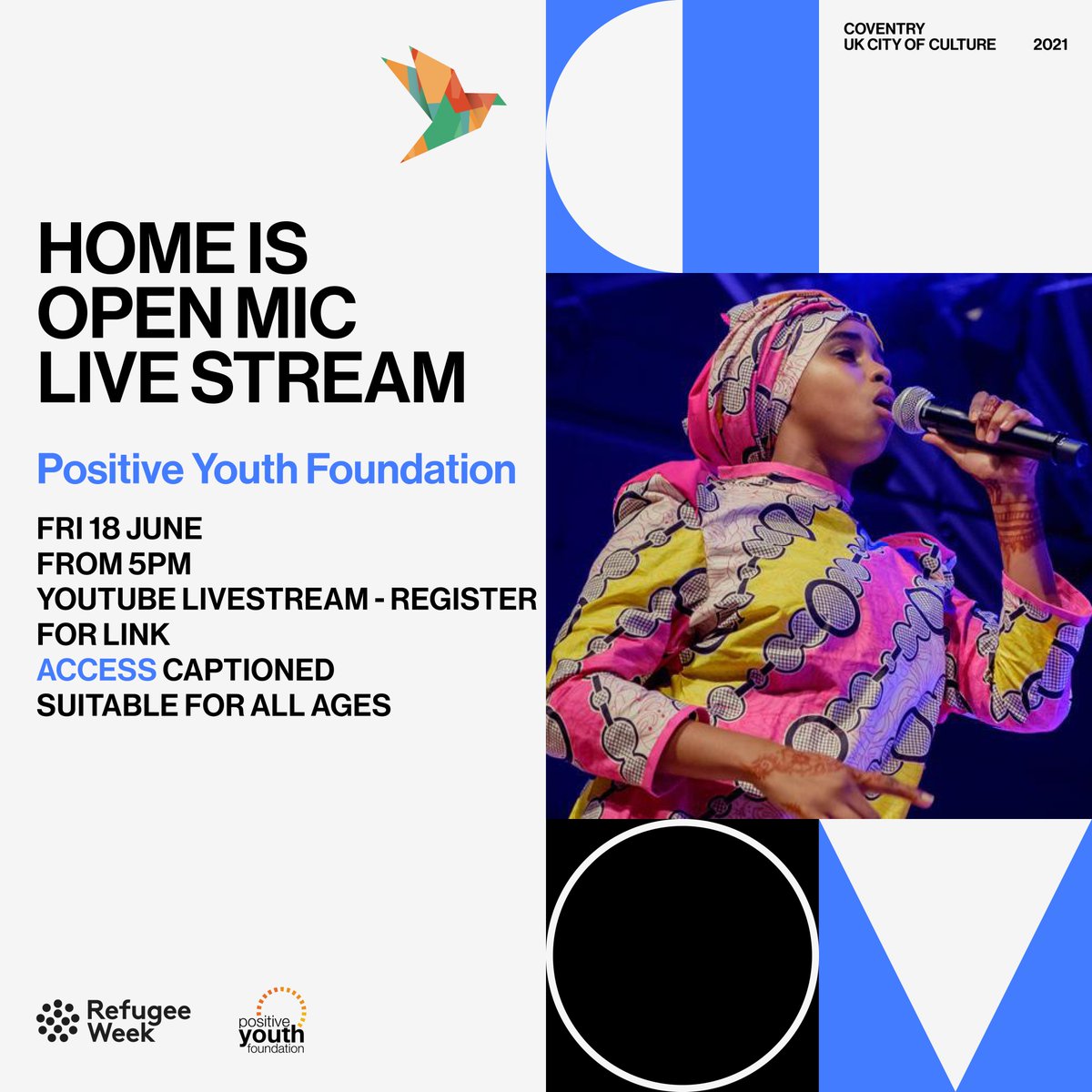 Join @positiveyouth96 for an open mic life stream. to find out more visit: coventry2021.co.uk/what-s-on/home… #Coventrywelcomes2021 #CoventryMoves #RefugeeWeek2021