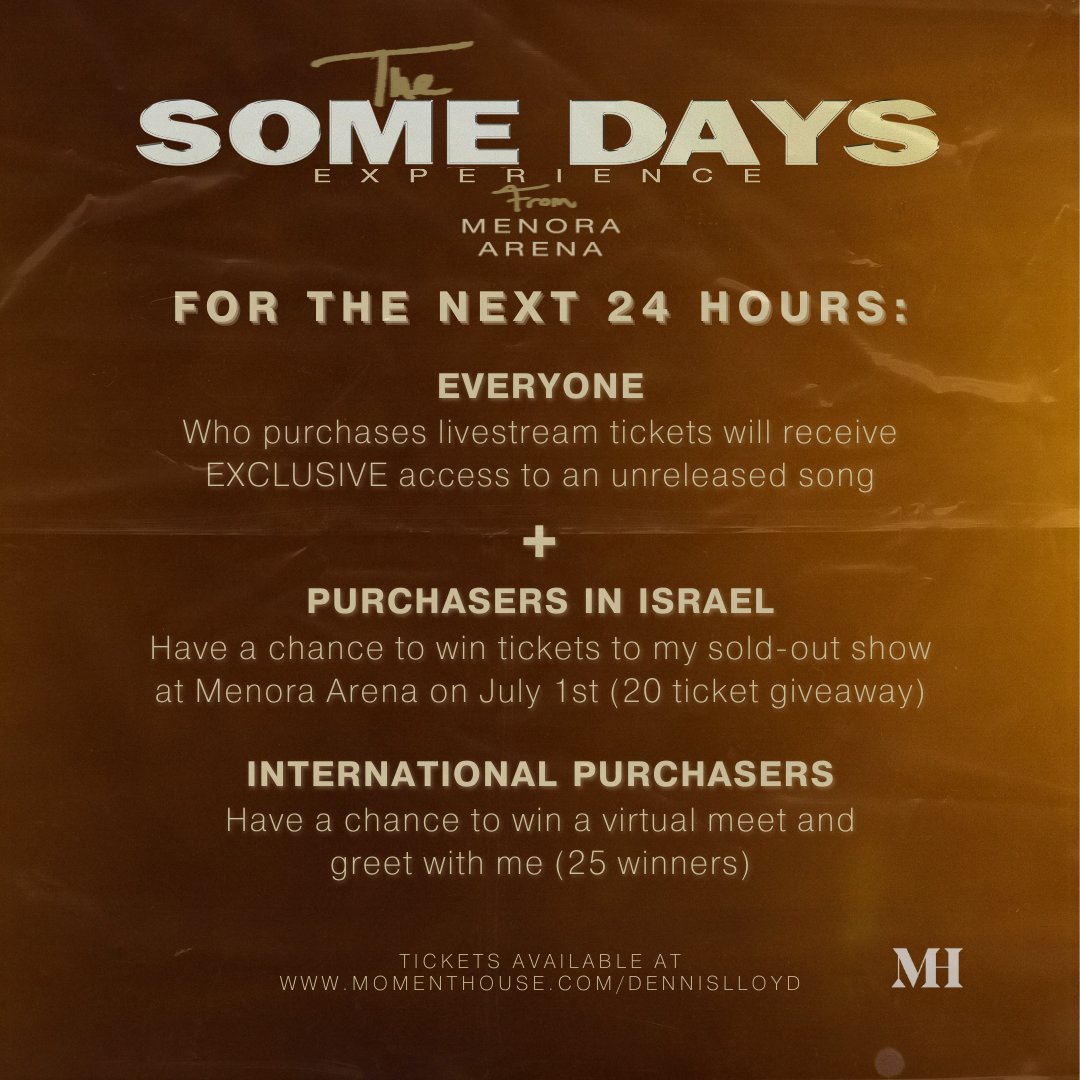 I haven't touched a stage since 2019 and now I'm bringing my first ever arena show to you in celebration of my new album 'Some Days'. Join me on July 3rd and 8th for The Some Days Experience from Menora Arena. 
TICKETS AVAILABLE NOW!!
momenthouse.com/dennislloyd