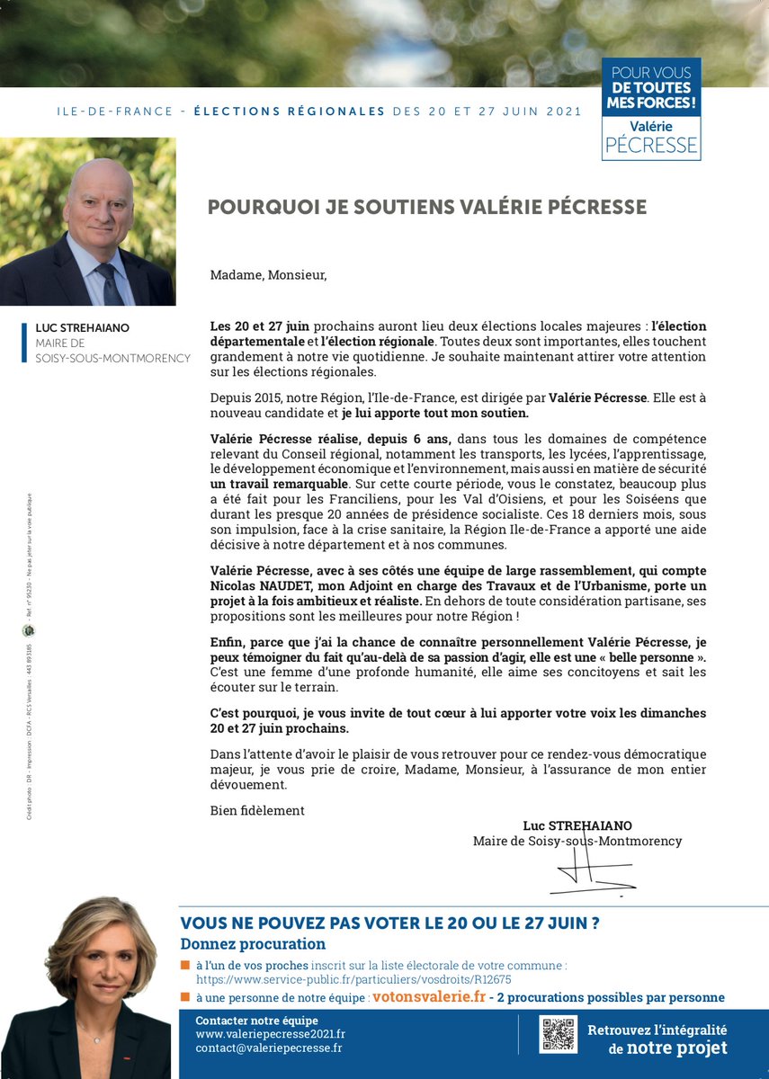 Beaucoup a été fait pour les Franciliens, pour les Valdoisiens, pour les Soiseens sous l'impulsion de Valérie Pécresse. Pendant la crise sanitaire, la Région a apporté une aide décisive à notre département et à nos communes. Je vous invite à la soutenir les 20 &amp; 27 juin.