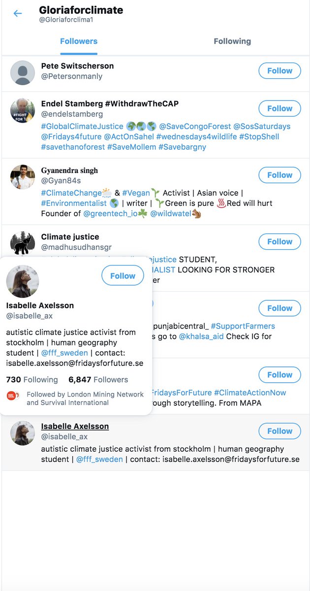 First 30 followers for Actor = Gloriaforclimate:First one is top gun from FFFRemember profiles of actors-activists don't future Any reference in relation to FFF. Any. They are just climate "activists"But Isabelle sees a potential as once! As other usual list of follow backs: