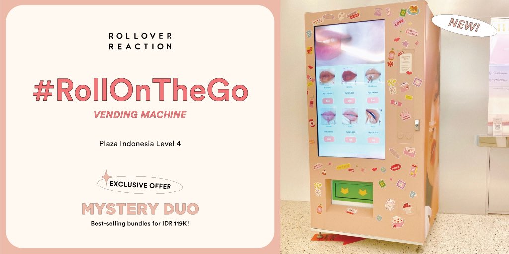 plazaindonesia's tweet photo. [NEW] @rollovereaction #RollOnTheGo: quicker, easier way to shop through vending machine! SPECIAL OFFER: Mystery Duo; bundles of best-selling goods for IDR 119K, available only on #RollOnTheGo. Visit us at Plaza Indonesia level 4 and try it on now! ✨ #PlazaIndonesia https://t.co/c79W3cvWeO