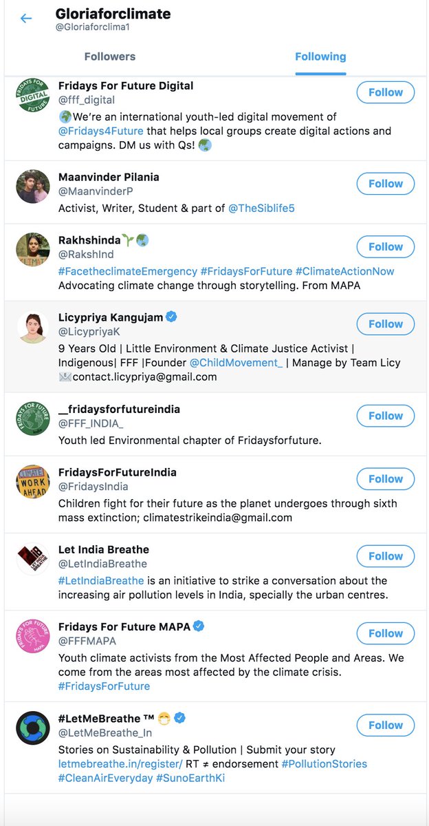 Usual suspects again, only activists, standard variation of BillionairesForFuture "lists to follow"No friends, no siblings no school friends, relatives, only future colleagues. First40Same as from Baibhav, BUT she doesnt follow "mommy" Janine, why? She& #39;s mercy and& #39;ll find her!