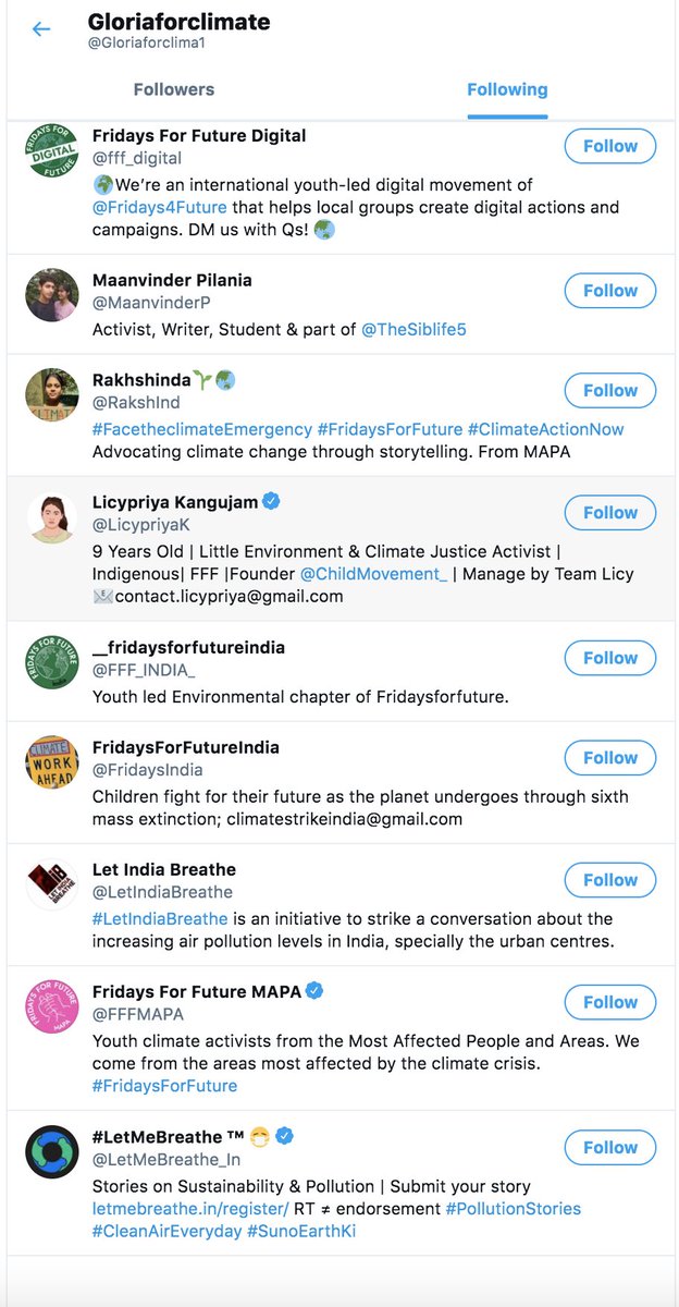 Usual suspects again, only activists, standard variation of BillionairesForFuture "lists to follow"No friends, no siblings no school friends, relatives, only future colleagues. First40Same as from Baibhav, BUT she doesnt follow "mommy" Janine, why? She's mercy and'll find her!