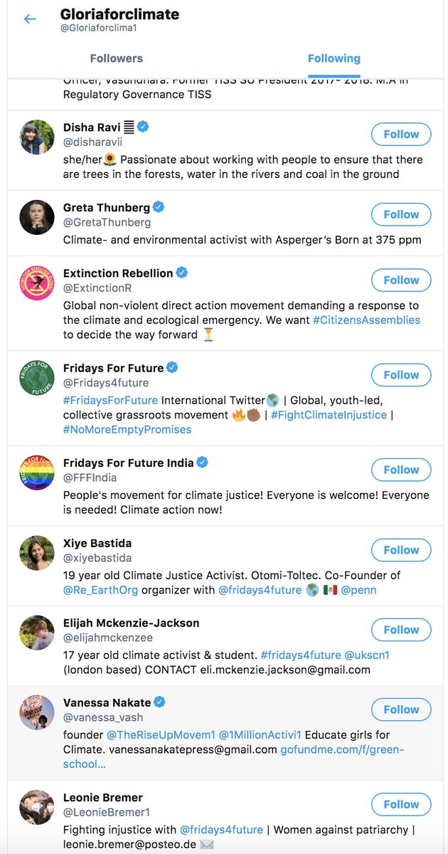 Usual suspects again, only activists, standard variation of BillionairesForFuture "lists to follow"No friends, no siblings no school friends, relatives, only future colleagues. First40Same as from Baibhav, BUT she doesnt follow "mommy" Janine, why? She's mercy and'll find her!