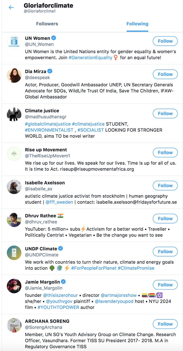 Usual suspects again, only activists, standard variation of BillionairesForFuture "lists to follow"No friends, no siblings no school friends, relatives, only future colleagues. First40Same as from Baibhav, BUT she doesnt follow "mommy" Janine, why? She's mercy and'll find her!