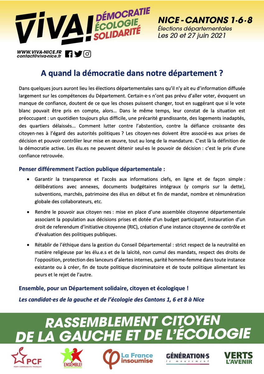 🔴 A quand la démocratie dans notre département ?

Comment lutter contre l’abstention, contre la défiance croissante des citoyen·nes à l’égard des autorités politiques ?

Il faut penser différemment l’action publique départementale.

Nous proposons ⤵️
#Nice06 #Départementales2021