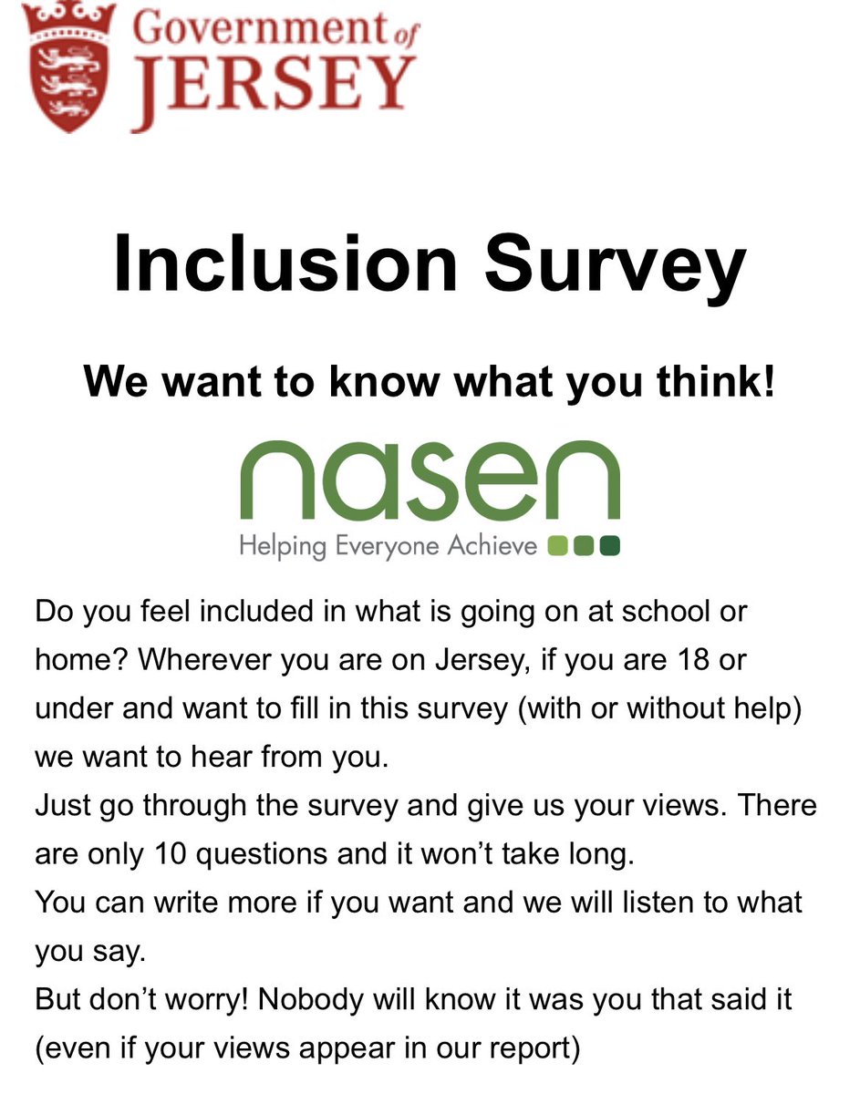 You have until the end of this week to share your views on the inclusiveness of Jersey's educational and early year settings.

All the survey’s are here: bit.ly/3wIUiXH including one for children and young people 👇