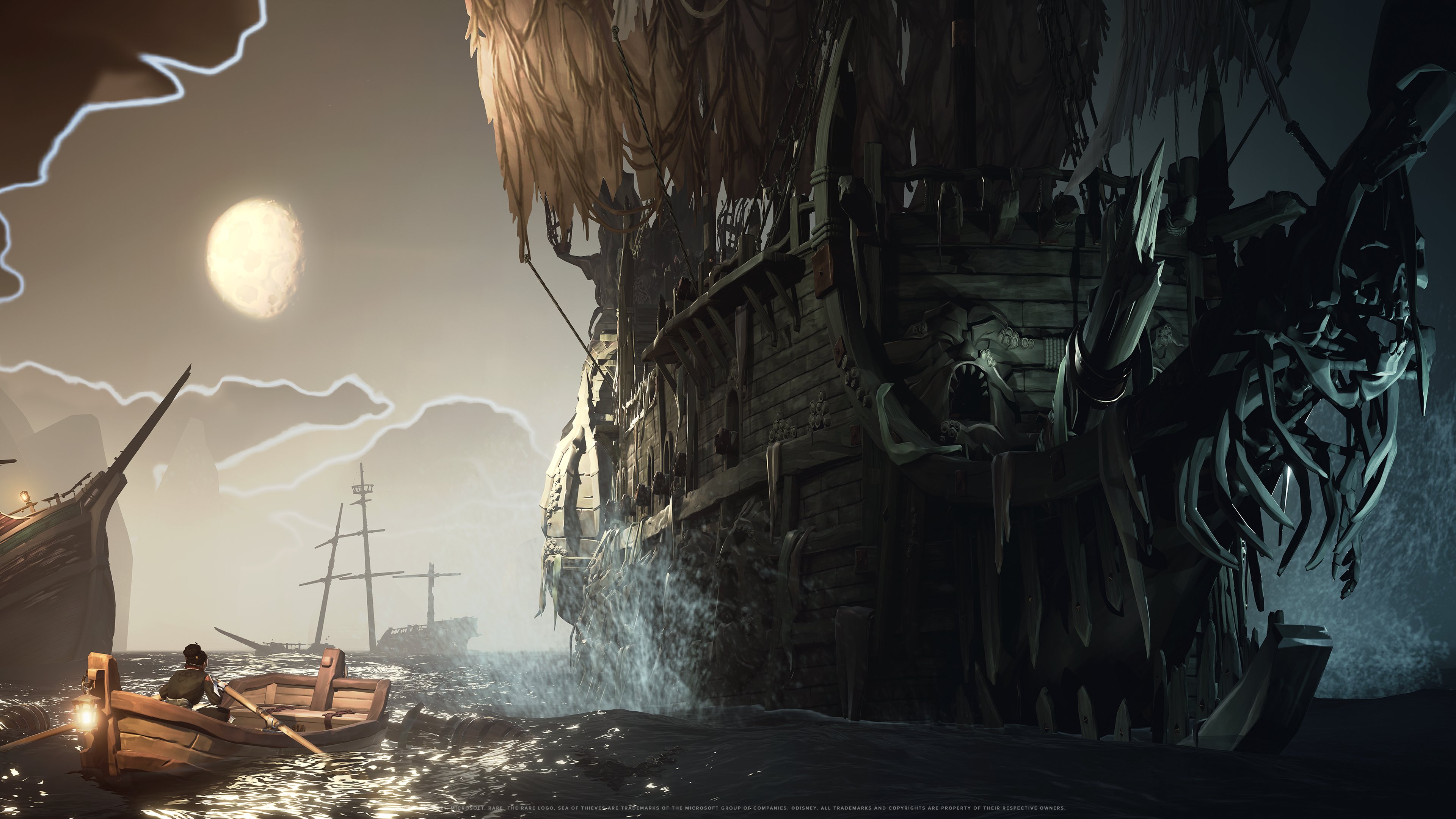 A pirate rows away from the Flying Dutchman, a huge brown ship with tattered sails.
