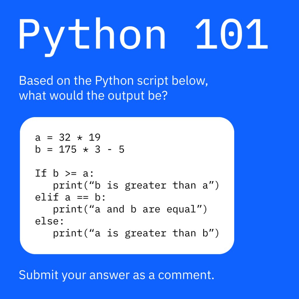 IBM Data, AI & Automation on Twitter: "It's time for another #Python quiz! Flex #programming and share your answer in the comments below ⬇️ 🐍 https://t.co/S5jCjHR9SF" / Twitter