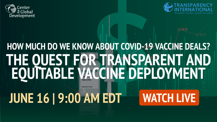 CGDev's tweet photo. 🔴⏯️ WATCH LIVE: How Much Do We Know about COVID-19 Vaccine Deals? The Quest for Transparent and Equitable Vaccine Deployment w/ @CGDev and @TI_Health!
https://t.co/Yw39QtoYgr https://t.co/GvsbfYlSno