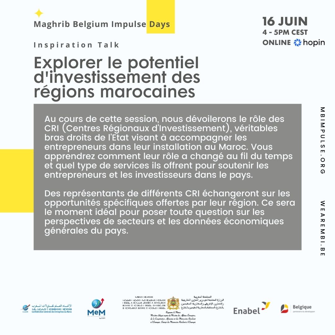 wearembi's tweet photo. STARTING SOON: 16:00 - 17:00
EXPLORING THE INVESTMENT POTENTIAL OF MOROCCAN REGIONS
https://t.co/TKsQrZc9xg
#mbi #wearembi #mbidays https://t.co/D28xj6W5VY