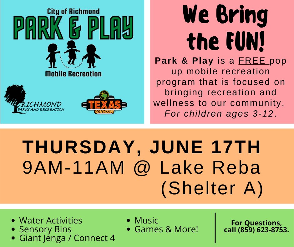 RichmondKYParks's tweet photo. Come out tomorrow morning to Lake Reba for Week 2 of Park &amp; Play. We will be set up from 9-11AM w/water activities, sensory bins, GIANT JENGA, &amp; much more. This is FREE to join &amp; designed for kids ages 3-12. For questions contact at 859-623-8753 or parksandrec@richmond.ky.us. https://t.co/bJqVFrzWrG