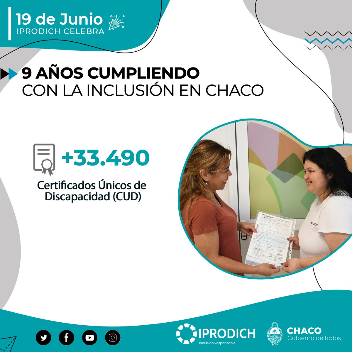 IPRODICH's tweet photo. ♿🥳 #IPRODICHCelebra: 9 Años Cumpliendo con la Inclusión en #Chaco

📆🎉Este 19 de Junio celebramos nueve años de vida. ¡Para festejarlo vamos a ir compartiéndote los logros inclusivos y accesibles que cumplimos para los chaqueñxs con discapacidad!
@jmcapitanich @ppkine https://t.co/PCPJWntTHc