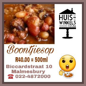 Heerlike Boontjiesop vandag.
R40.00 = 500ml
Vars gebakte soetsuurdeeg brood  R35.00
#huiswinkels #malmesbury #soup #bread 
<a href="/mburytourism/">Malmesbury Tourism</a> <a href="/planetswartland/">Swartland Tourism</a> <a href="/MalmesburyMuseu/">Malmesbury Museum</a>