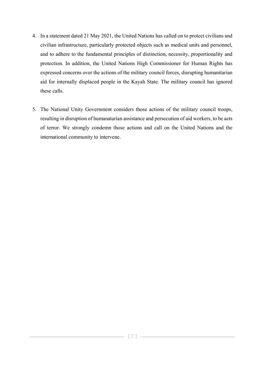 .<a href="/NUGMyanmar/">National Unity Government Myanmar</a> considers actions of the military council troops, resulting in disruption of humanitarian assistance &amp; persecution of aid workers, to be acts of terror. We strongly condemn those actions &amp; call on UN &amp; international community to intervene.
#WhatsHappeningInMyanmar