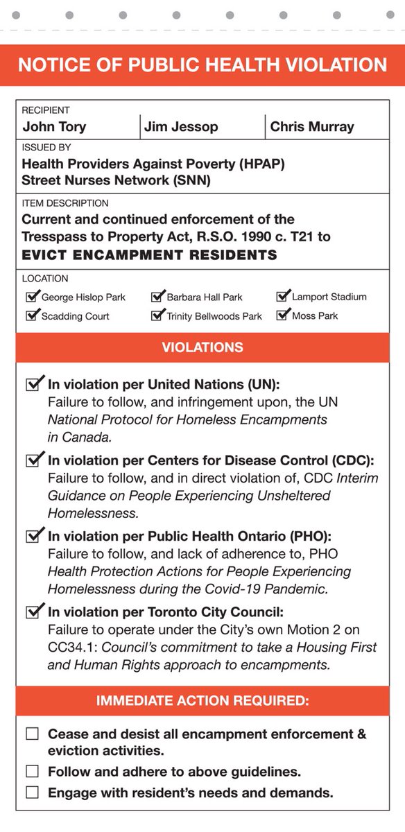 Today HPAP and the <a href="/streetnursesTO/">Street Nurses Network Toronto</a> delivered the following Notices of Public Health Violation to <a href="/JohnTory/">John Tory</a> <a href="/epdevilla/">Dr. Eileen de Villa</a> Chris Murray and <a href="/TFSJessop/">Jim Jessop</a>  for the ongoing eviction of encampment residents. 

#NoEncampmentEvictions #TOPublicHealthFAIL