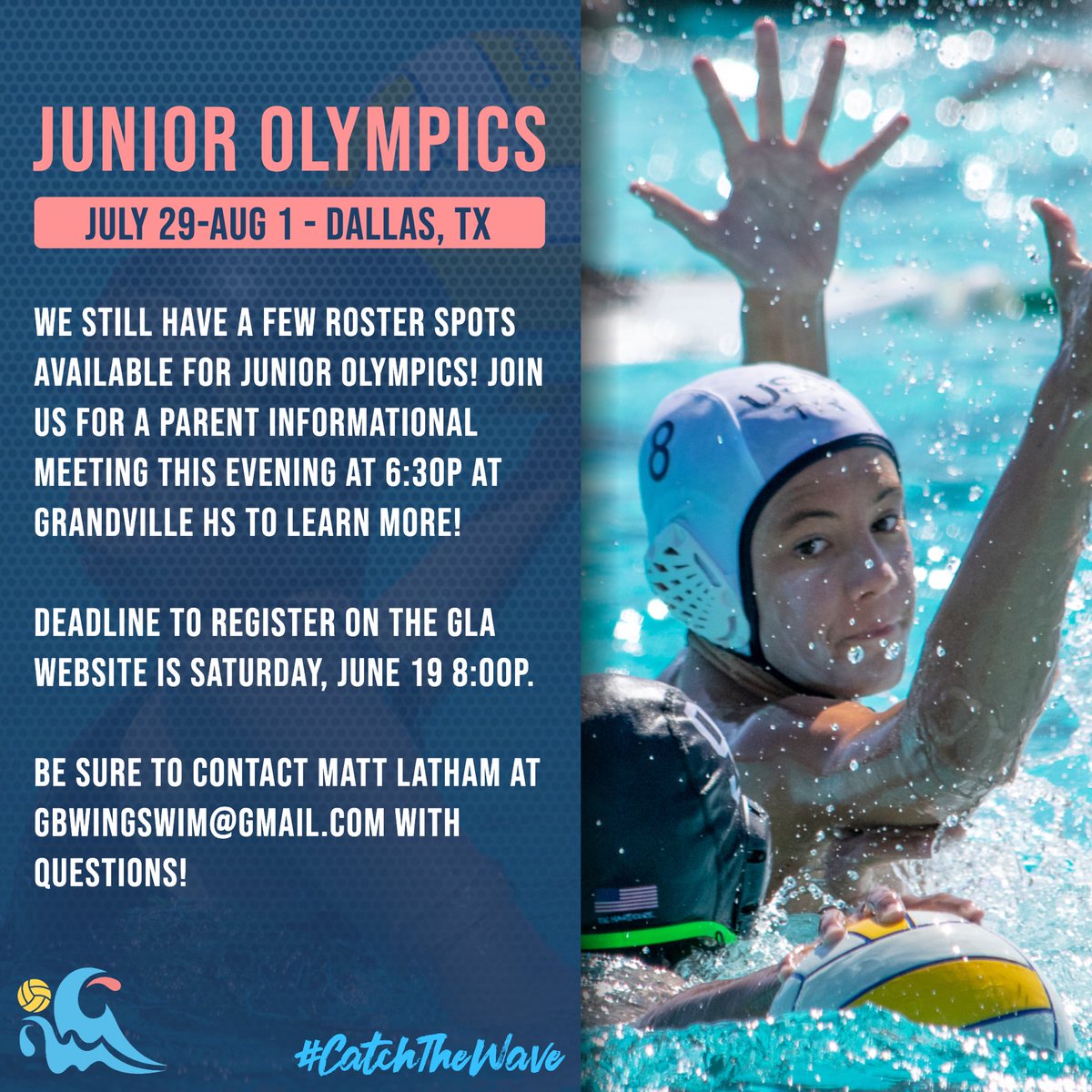 GL_Aquatics's tweet photo. 📅 CHECK YOUR CALENDARS!! 

JO parent info meeting is TONIGHT at 6:30p at Grandville HS Pool for all that are interested. Be sure to email Matt Latham for any questions: gbwingswim@gmail.com

#CatchTheWave https://t.co/qDhOnGmAnY