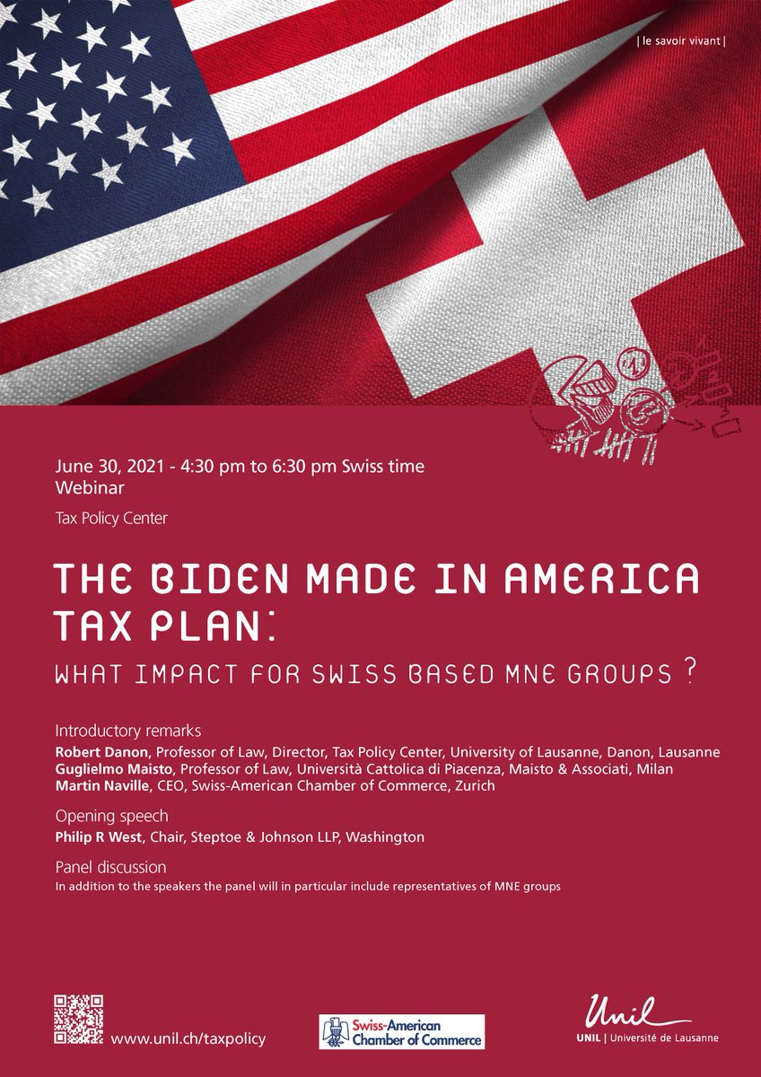 PolicyTax's tweet photo. On 30 June from 16h30 to 18h00 CET (Swiss time), the tax policy center in cooperation with the Swiss-American Chamber of Commerce, will organize the following webinar :“The Biden Made in America Tax Plan : What Impact for Swiss based MNE groups”. ➡️https://t.co/JJB1RK4ybb https://t.co/cxyeD7zHe1