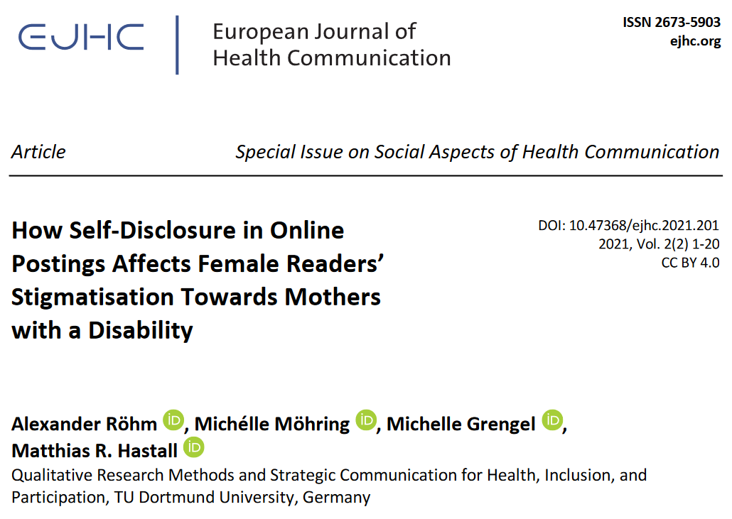The first article of our Special Issue on Social Aspects of #HealthCommunication is out!

The study by <a href="/al_roeh/">Alexander Röhm</a>, M. Möhring, M. Grengel &amp; M. Hastall investigates how online self-disclosure affects stigmatisation.

To the full #OpenAccess article: doi.org/10.47368/ejhc.…