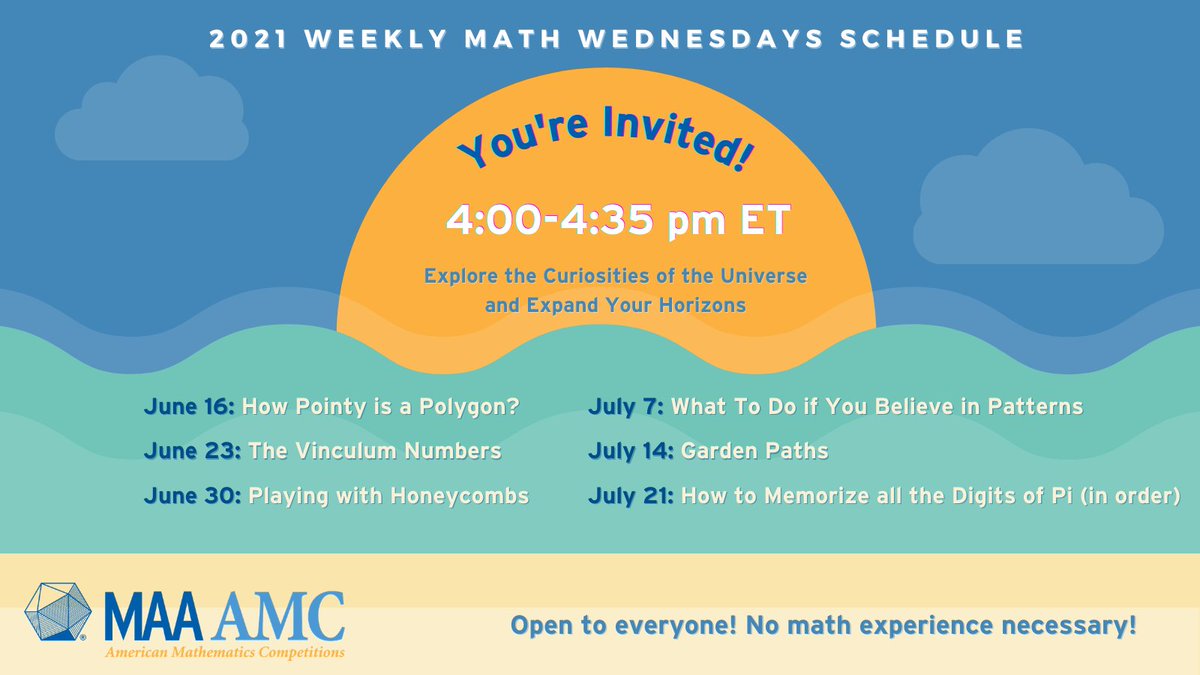 maanow's tweet photo. #WeeklyMathWednesdays start today! Join Dr. James Tanton (@jamestanton) and explore a new corner of the universe. Find out how pointy a polygon is today at 4pm ET. Join the event here: https://t.co/wmbogJrG7y #AMCMath https://t.co/0mpVyNBE4m