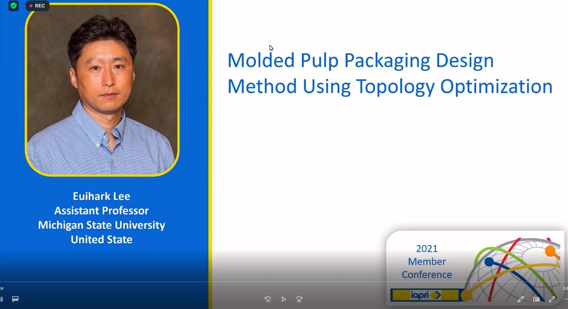 iapripackaging's tweet photo. Euihark Lee, from @MSUPackaging and together with his MS student Jacob Bahlau, is presenting:

"Molded Pulp Packaging Design Method Using Topology Optimization"

#IAPRI2021 #MoldedPulp #PackagingDesign #TopologyOptimization https://t.co/GENdxJcLpe