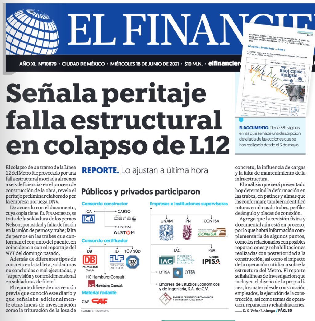Maria Abi-Habib on Twitter: "The tragedy on Line 12 was the fault of bad  construction, according to the government probe. El Financiero was leaked a  copy & finds there were “at least