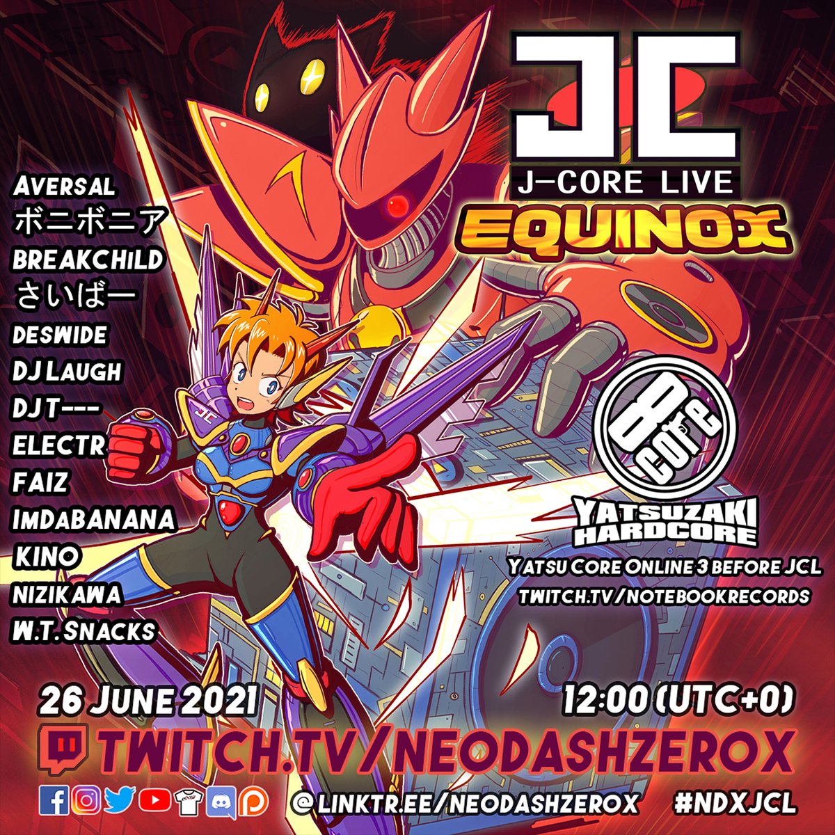 sir_mihael's tweet photo. Alright! Time to show off the poster I've been working on for this month's big J-Core event.
It's time for JCL: EQUINOX!
(These posters are getting action packed now ๐)
All hype for another massive all-day livestream fest. SEE YOU THERE ๐ฅ๐ฅ
#JCoreLife #JCoreLive #NDXJCL https://t.co/8a9sOZ4AiU