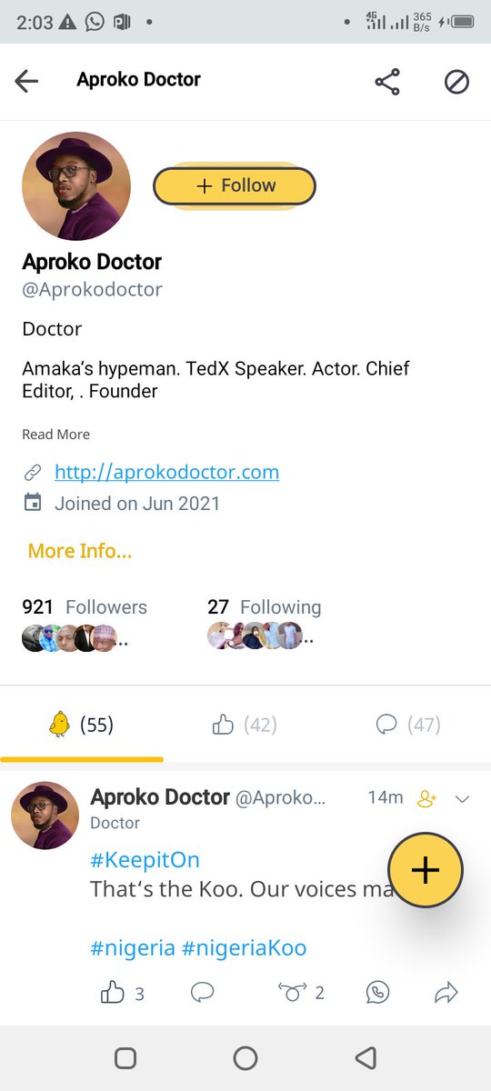 aproko_doctor's tweet photo. Someone went to Koo and created a platform with my name, it had already gotten almost 1000 followers.

This is not me o! I am NOT ON KOO.
Please take note. https://t.co/GyDnnOQWZO