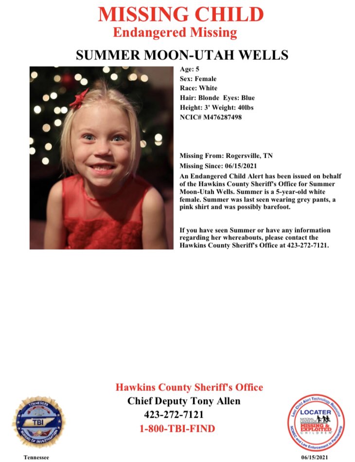 We’ve updated our poster to reflect the correct age for Summer Wells, who is missing from the Beech Creek community in Hawkins County. This morning, the search continues for the 5-year-old. She was last seen Tuesday evening. Please call 1-800-TBI-FIND with information!