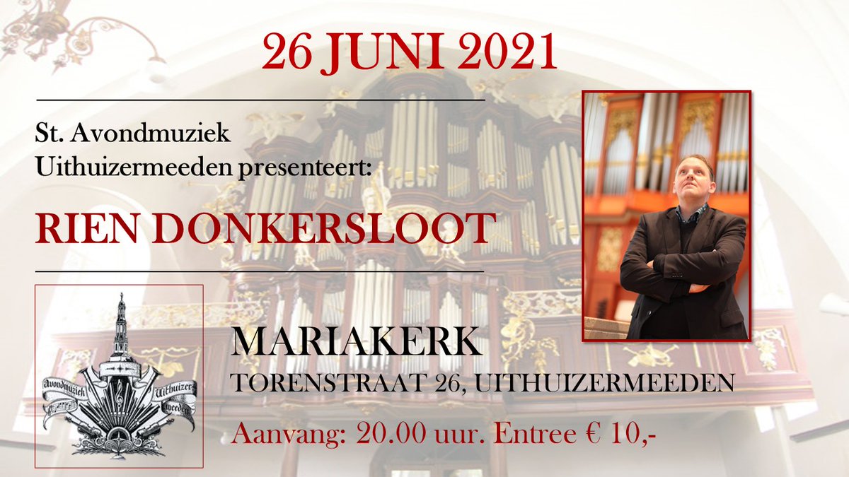 Op 26 juni zal het 2e concert in de jubileumreeks van St. Avondmuziek Uithuizermeeden worden verzorgd door Rien Donkersloot. Het concert is live mee te maken, een maximum van 40 bezoekers is toegestaan. Graag vooraf op geven via het mailadres info@avondmuziekuithuizermeeden.nl.