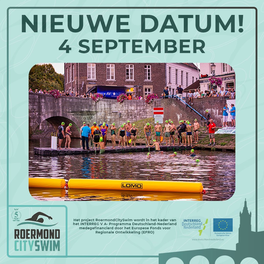 ROERMOND CITY SWIM MIKT MET NIEUWE DATUM OP BEVRIJDEND EVENEMENT ZONDER BEPERKINGEN
 
Afgelopen week koos de organisatie van de Roermond City Swim zaterdag 4 september als definitieve datum voor de editie 2021.
 
Zie meer info roermondcityswim.nl/nieuws