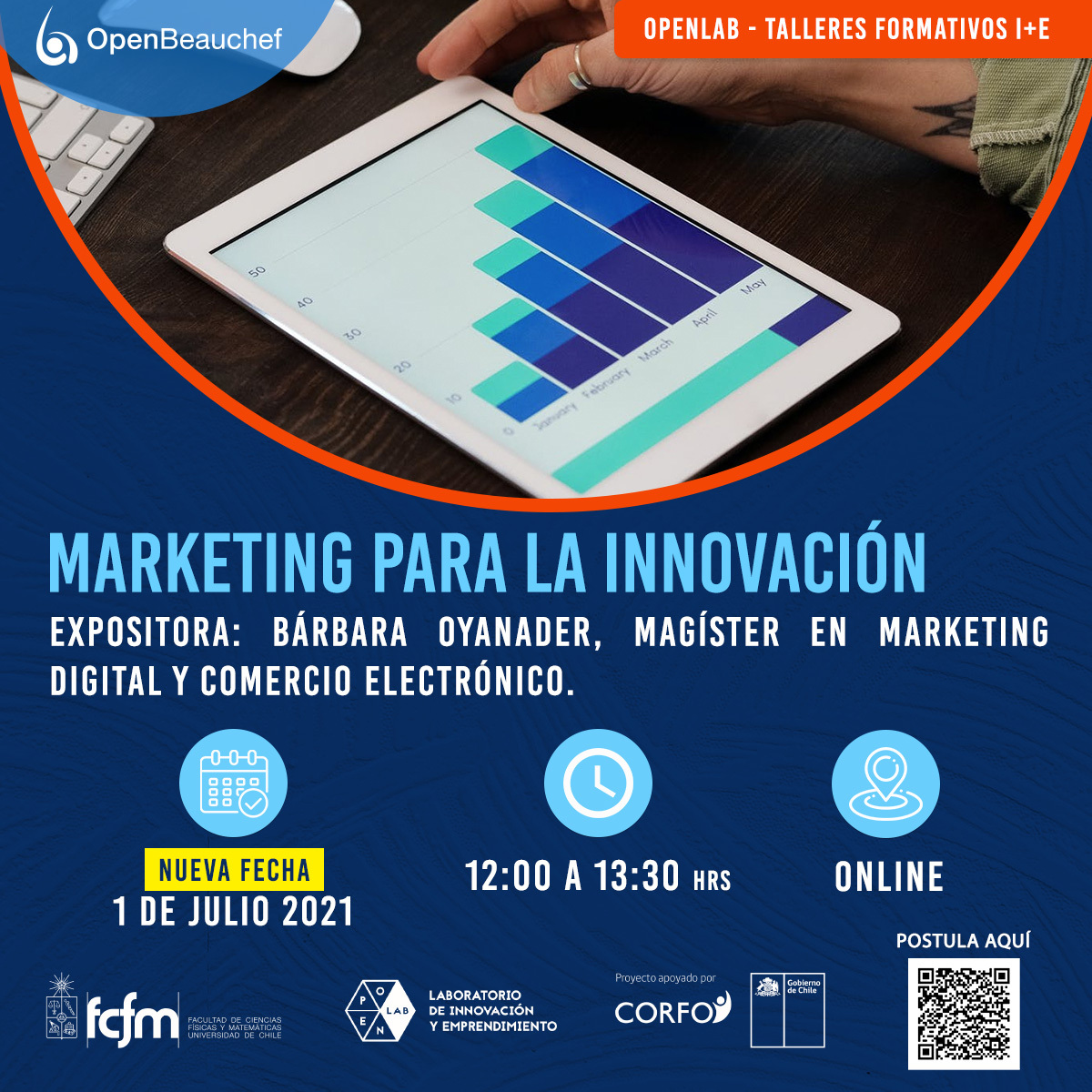 📢 Estimados alumnos inscritos 
Informamos que los talleres de marketing digital y marketing para la innovación, han cambiado de fecha.
Se realizarán el 30 de junio y 01 de julio mismo horario.
Si aún no has postulado puedes hacerlo hasta el 29 de junio en openlab.uchile.cl