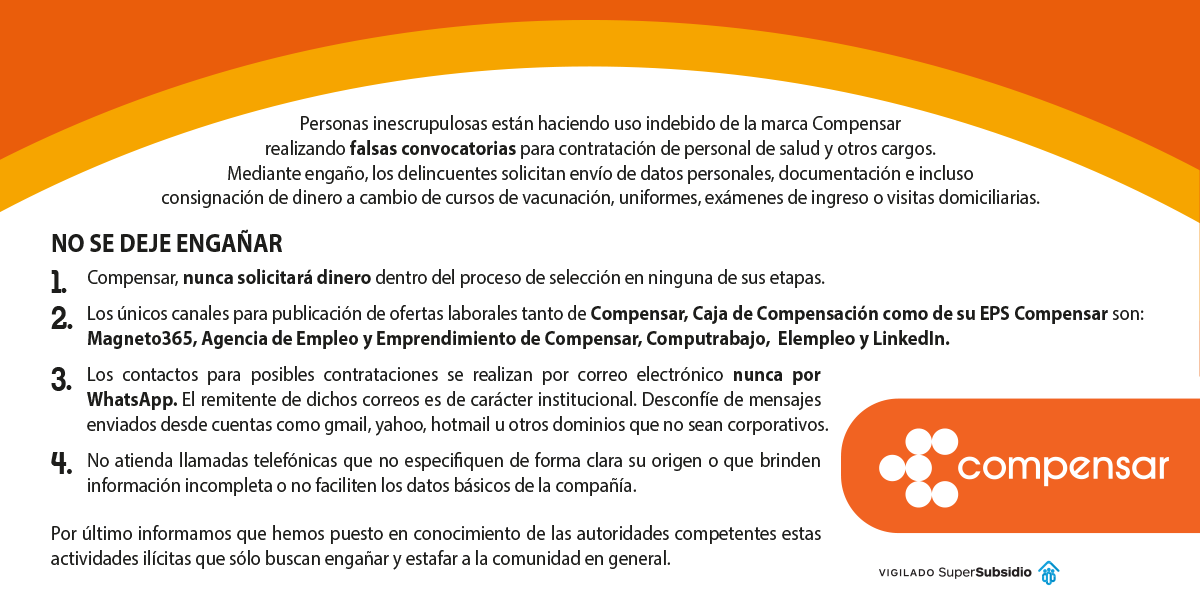 Compensar_info's tweet photo. #BienestarIntegral 
¡Ojo con las ofertas laborales falsas! Conoce los canales oficiales en los que en #Compensar  damos a conocer nuestras vacantes. 

No permitas que te engañen con falsas convocatorias. 

#GeneraciónC #TrabajoSiHay https://t.co/LJ045xVyt6