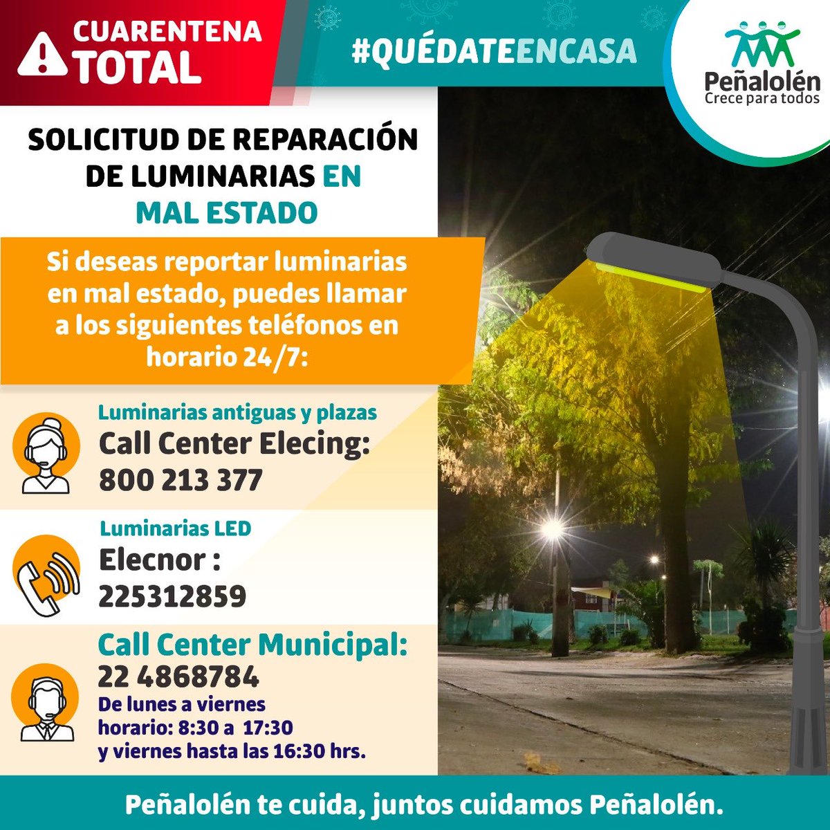 Vecinos, no olviden que ante una luminaria pública en mal estado, o que esté funcionando mal, pueden llamar durante las 24 horas a estos teléfonos para solicitar su reparación👇