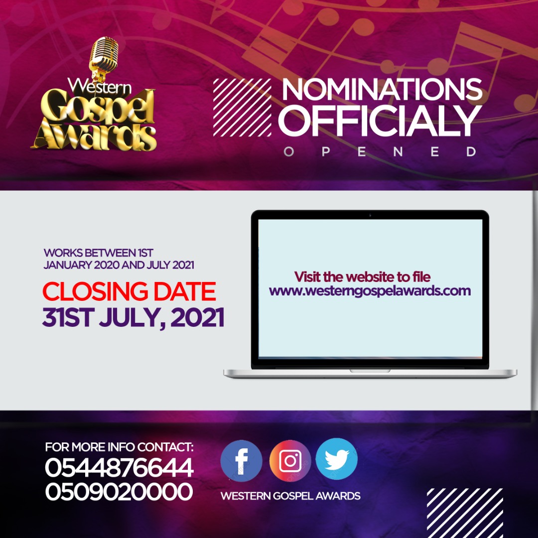 Organizers of Western Gospel Awards, on 12th June 2021, announced the opening of Nominations for the maiden edition WGA’21.Artistes, Denominational, Non-Denominational, Choral and Contemporary Choir/Group,  are therefore to submit their entries online via westerngospelawards.com