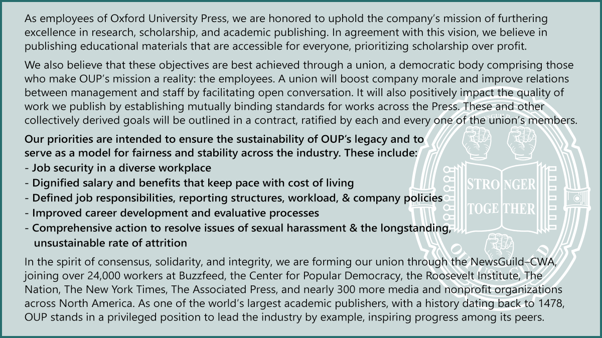 oupusaguild's tweet image. We, the workers of Oxford University Press USA, are forming a union! We are excited to join 24,000+ workers at @newsguild & for the opportunities ahead. Support us in our campaign for voluntary recognition by liking, retweeting, and sharing our platform! #OUPUSAGuild #UnionizeUP