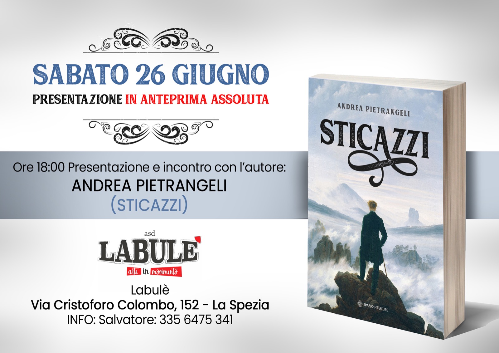 La Spezia VEG on X: Presentazione ed incontro con l'Autore Andrea  Pietrangeli del Libro: Sticazzi. La suprema via della leggerezza Sabato 26  Giugno ore 18:00 a La Spezia (presso Labulè - Via