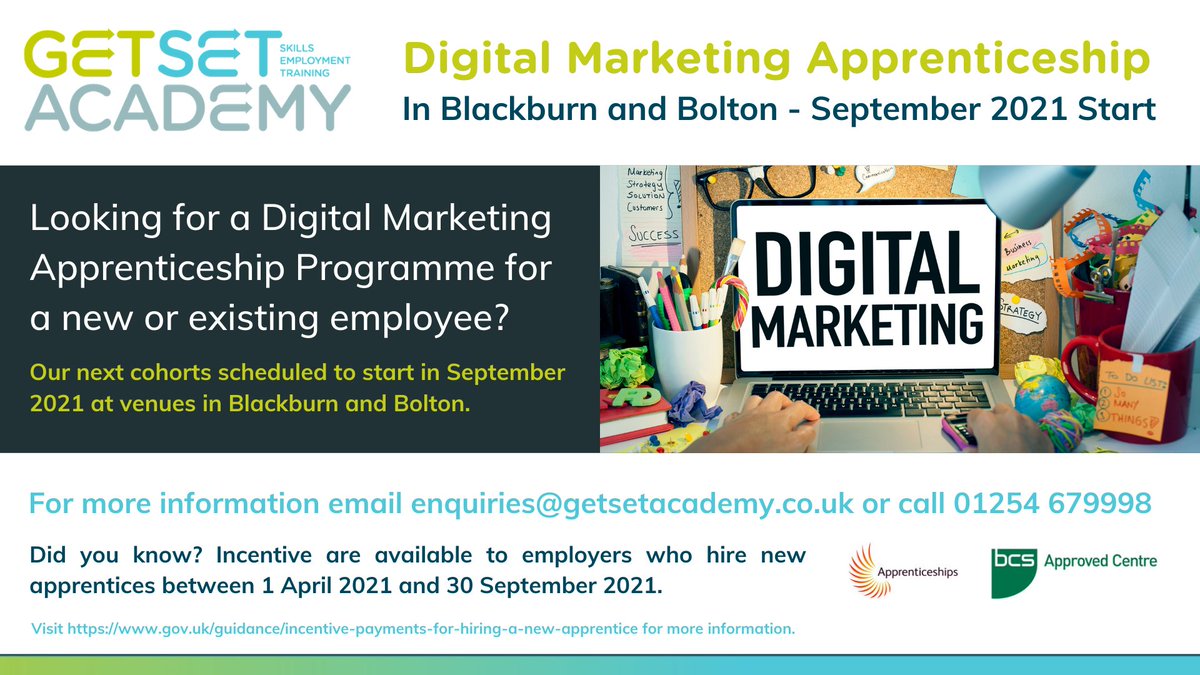 alphabetraining's tweet photo. Excited to announce the dates off our next intake for #DigitalMarketing #Apprenticeship programme at #Blackburn #Bolton venues. Scheduled for #september2021intake. Email enquiries@getsetacademy.co.uk or call 01254 679998 for more info.
#digitalmarketing #digital #marketer https://t.co/VK1j17XPSj