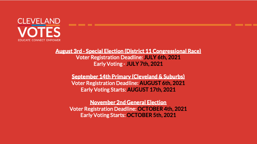 cledocumenters's tweet photo. Reminder: Important dates & deadlines for participating in upcoming elections. #CleVotes https://t.co/0n2FM2fBeg