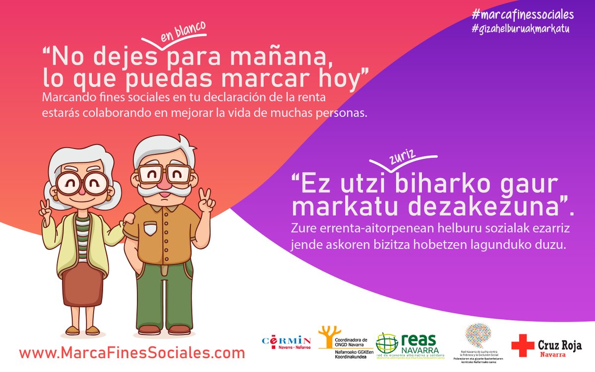 Tú que luchas contra la discriminación, la desigualdad, la pobreza, la exclusión... No esperes más y #MarcaFinesSociales en tu declaración de la renta.
En una semana finaliza la campaña, ¡no dejes para mañana lo que puedas marcar hoy!
¡Apoya la labor de las entidades sociales!