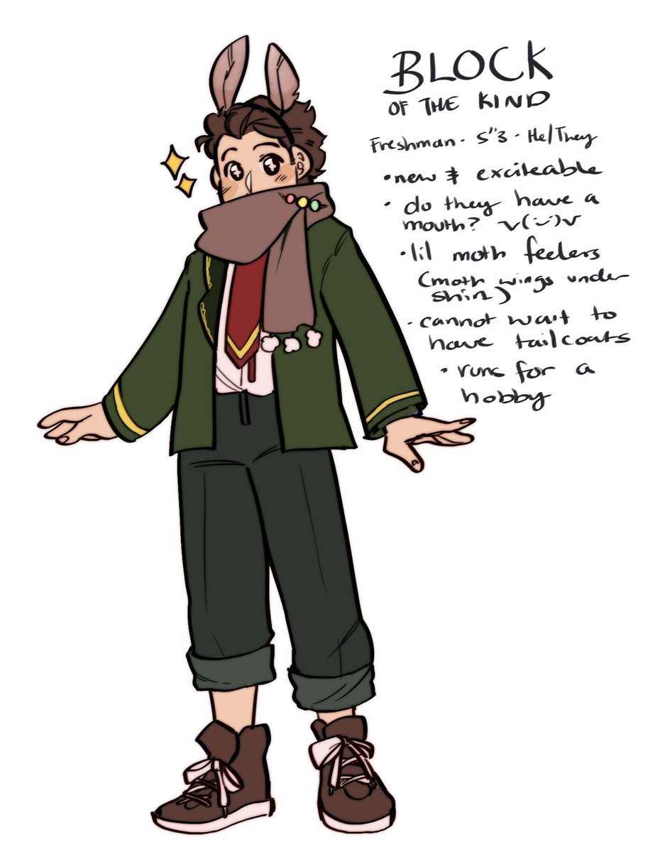 @chureipai A moth man from the house of Kind with a penchant for pinching Sophmore coats. Likes to care for weapons and run for a hobby! They might be failing their economics class, but shh 